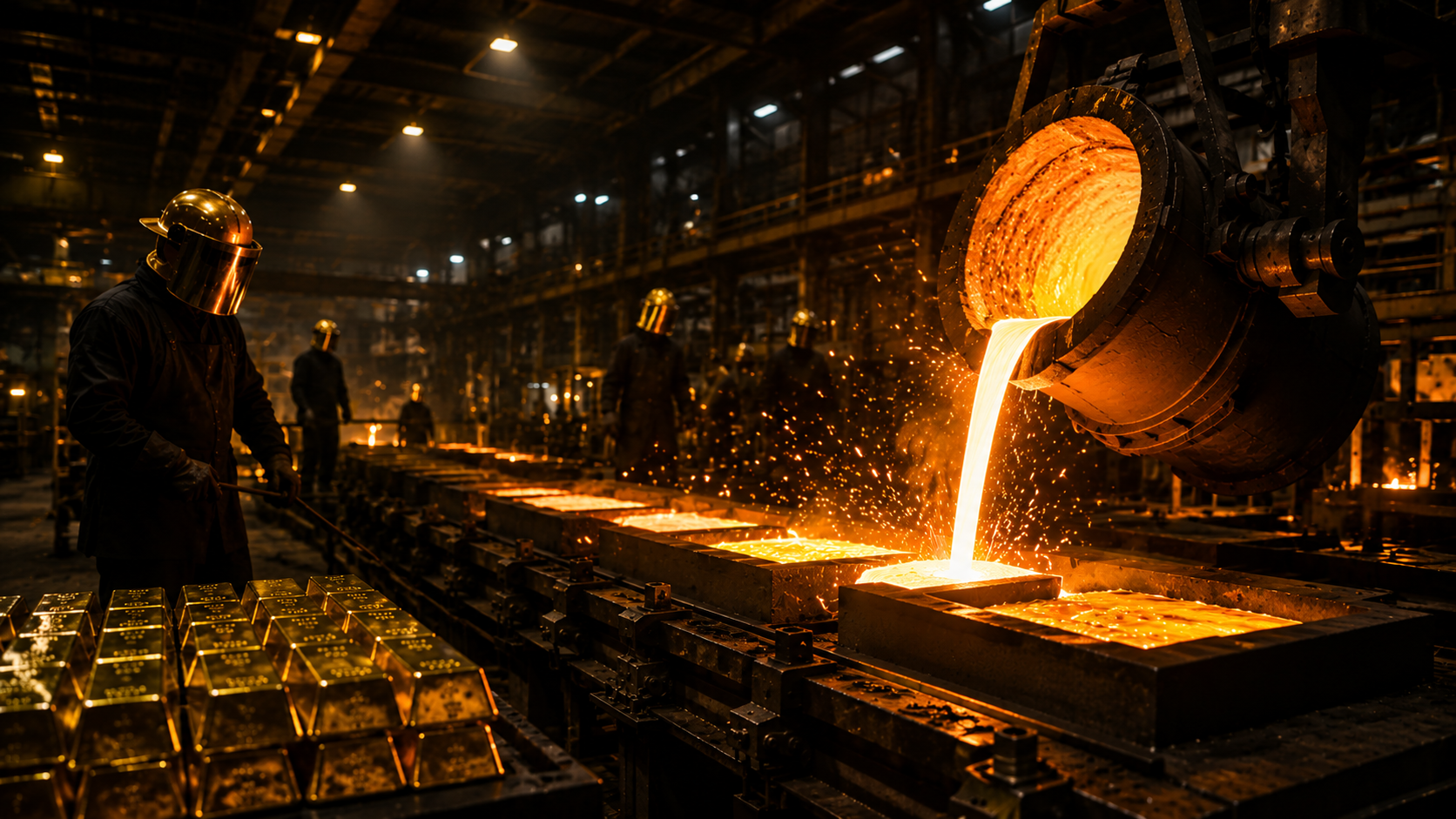 Molten gold being poured inside the Hi-Tech Gold Refinery casting hall